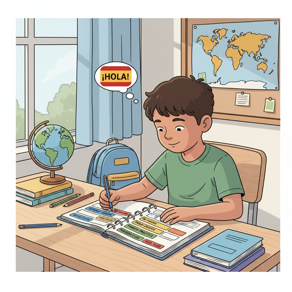 A young K12 student is sitting at a desk, looking at a planner with a schedule for language learning clearly marked. K12 student planning language study time