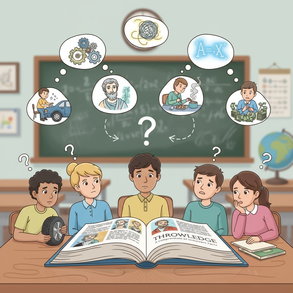 A group of students in a classroom looking confused while studying textbooks, symbolizing the disconnect between theoretical learning and practical life skills. Students in a classroom showing the gap between school education and practical skills