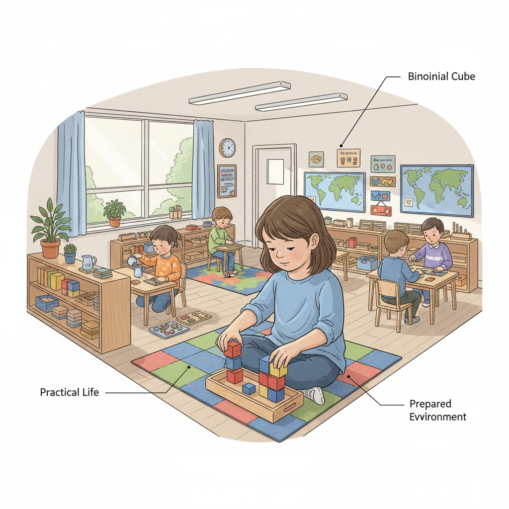 A child in a Montessori classroom using educational materials, showing the hands-on learning approach. A twice-exceptional child using educational materials in a Montessori classroom