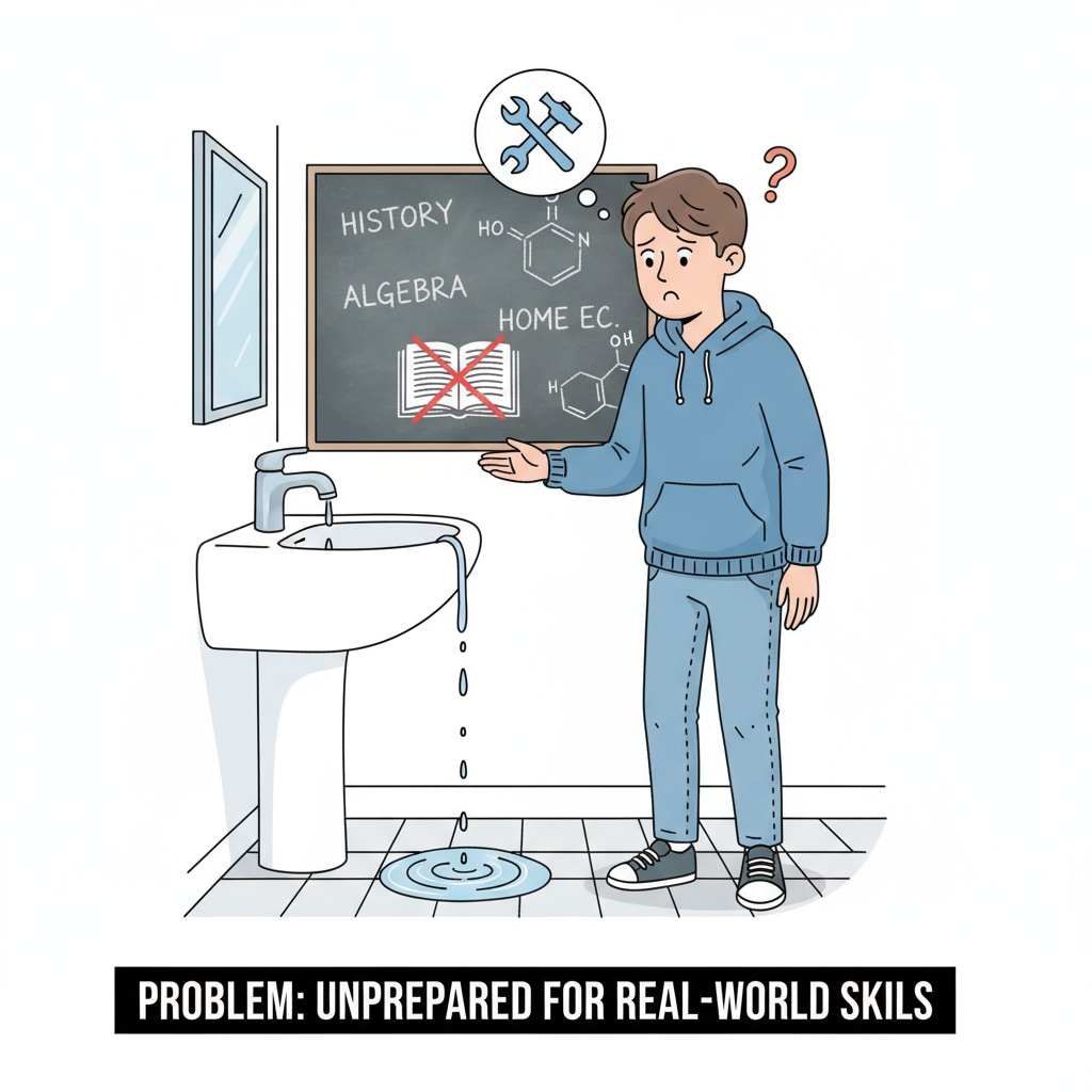 A young person standing in front of a leaking faucet, looking perplexed, representing the lack of home maintenance skills learned in school. Young person lacking practical home maintenance skills