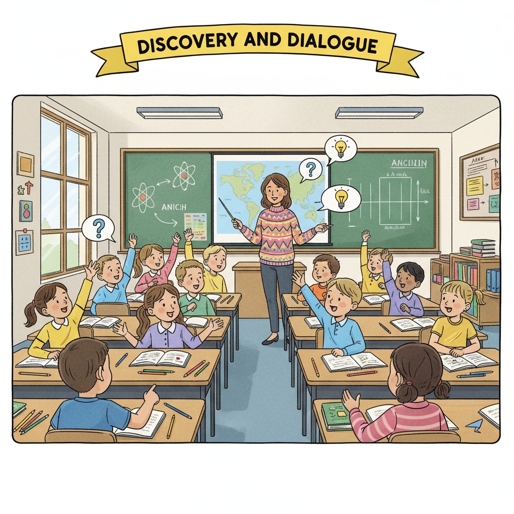 A classroom scene where students are having a lively dialogue, with hands raised and animated expressions K12 students actively participating in dialogue in a classroom setting, showing communication skills