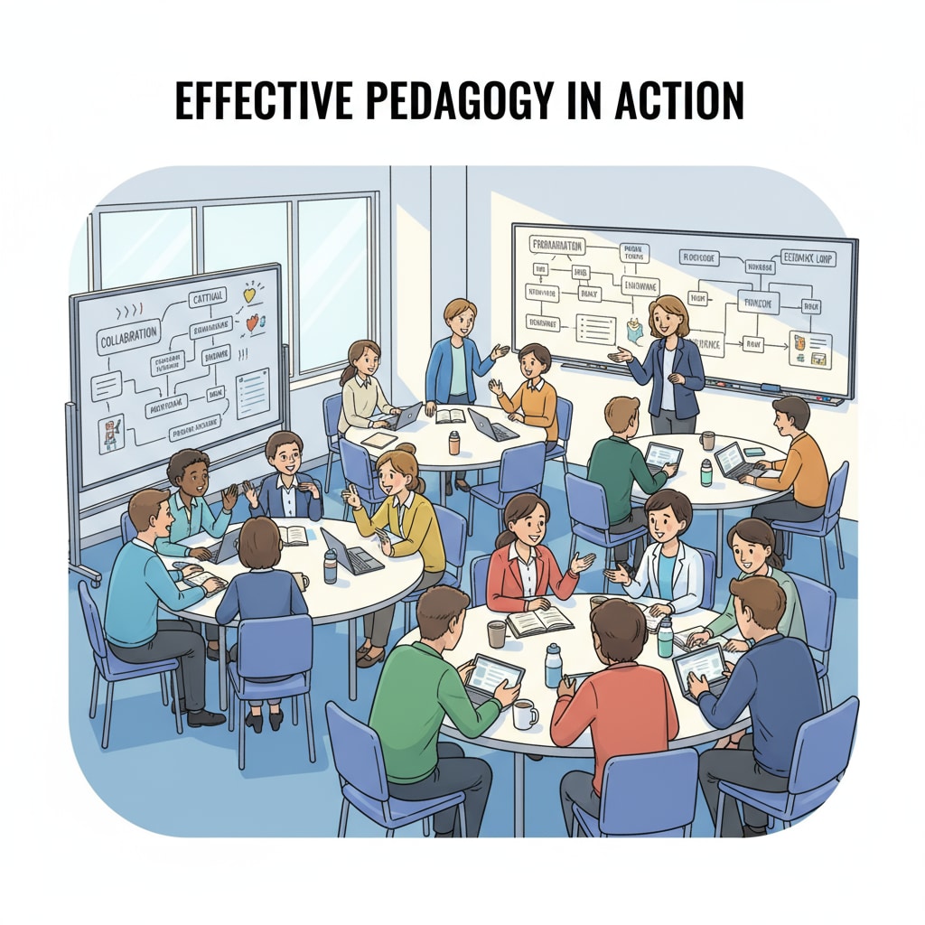 A classroom scene in a professional school where students are actively engaged in discussions, showing an ideal learning environment related to effective pedagogy. Classroom scene in a professional school related to pedagogy, curriculum goals, assessment methods
