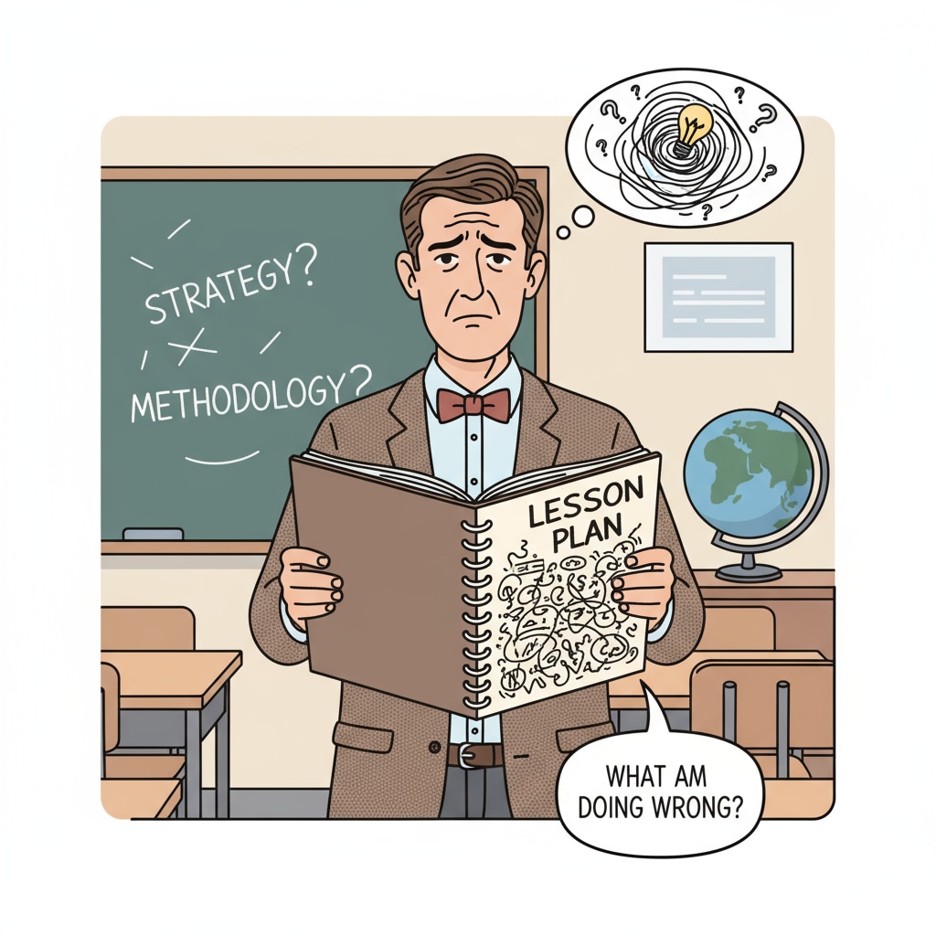 A teacher is seen with a perplexed expression while looking at a lesson plan, highlighting the challenges caused by lack of pedagogical knowledge. Teacher struggling with lesson planning due to lack of pedagogical knowledge in a professional school setting