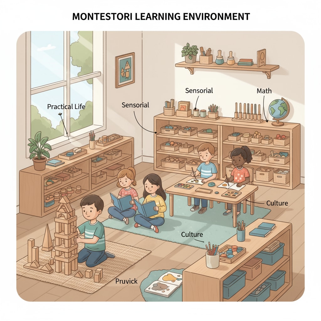A group of children in a Montessori classroom are seen engaged in different activities such as building with blocks, reading books, and doing art. Highly gifted and 2e children in a Montessori classroom engaged in various activities during school transition