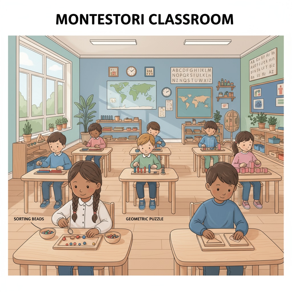Children are sitting at individual desks, focused on working with Montessori materials like sorting beads and using educational puzzles. Highly gifted and 2e children working independently with Montessori materials during school transition