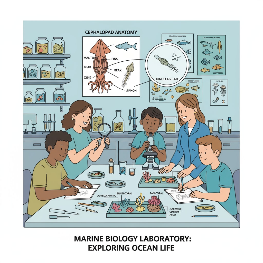 Students in a marine biology laboratory, carefully examining specimens. Students with no prior science knowledge examining specimens in a marine biology lab for their science degree.