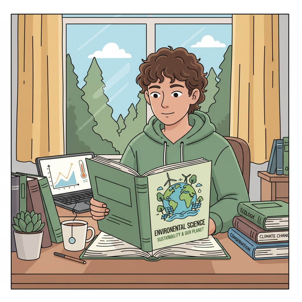 Student studying environmental science textbooks at a desk. A student with no prior science knowledge studying environmental science textbooks for their science degree.