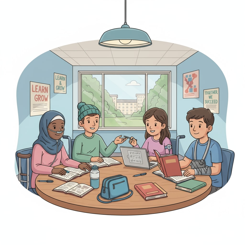 A group of teenagers with chronic diseases studying together in a supportive environment. They are sharing books and discussing schoolwork, showing a positive learning atmosphere. Teenagers with chronic diseases engaged in a supportive study environment related to high school education and GED alternatives.