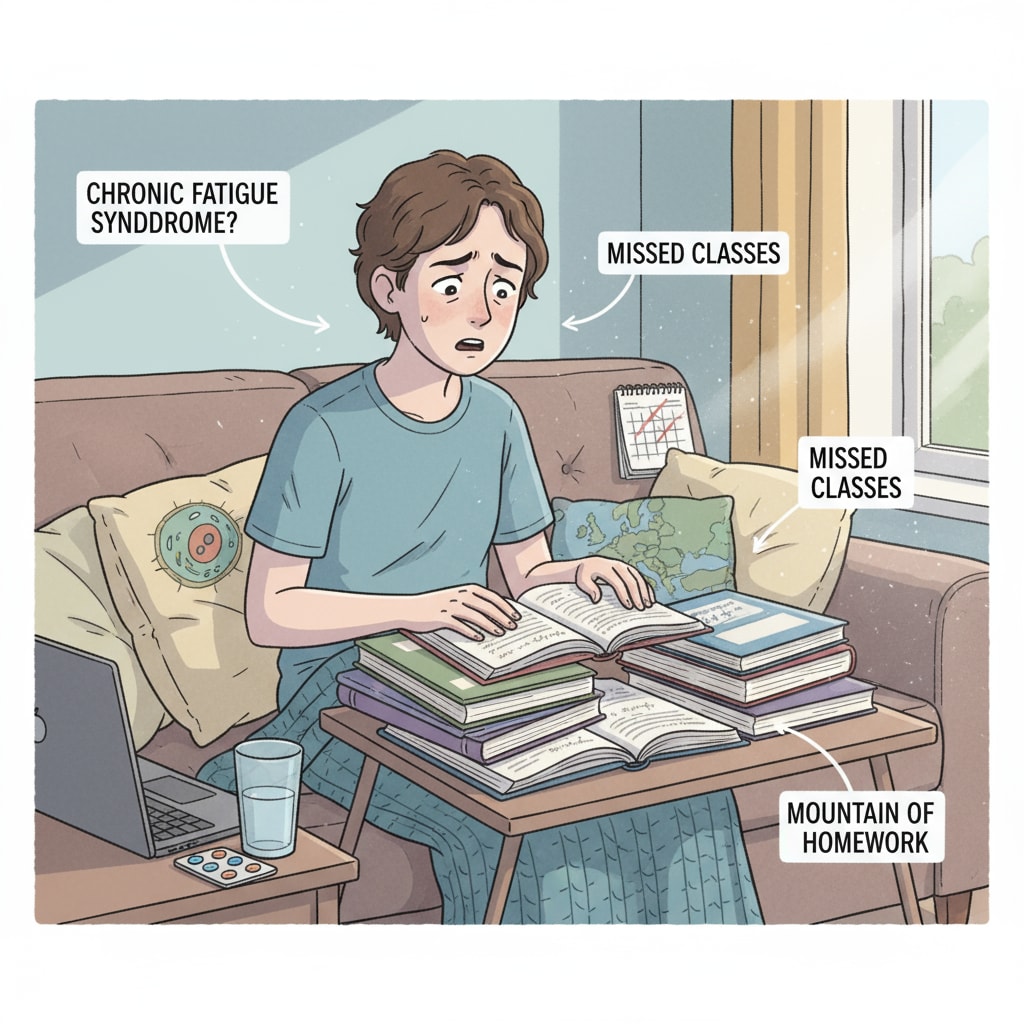 A teenager with a chronic illness sitting at home, looking at school books with a worried expression. The books are open in front of them, and they seem concerned about keeping up with high school studies due to their illness. A worried teenager with chronic illness at home, dealing with high school educational challenges and considering GED as an alternative.