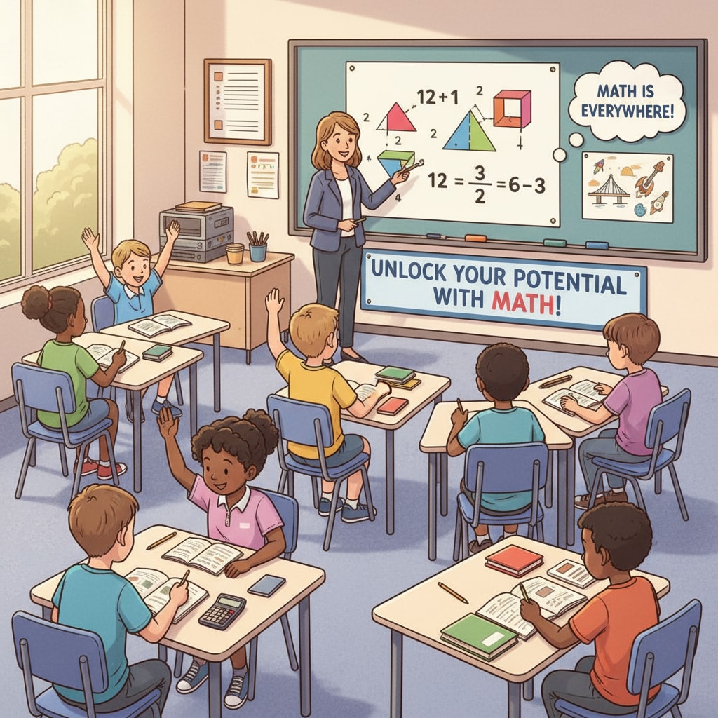 A classroom scene depicts students of various ages and backgrounds actively participating in a math lesson. The teacher is at the front, using visual aids to explain a math concept. This represents the importance of math education in K12 and how different students are involved in the learning process. A classroom scene highlighting the importance of math education in K12 with students engaged in learning.