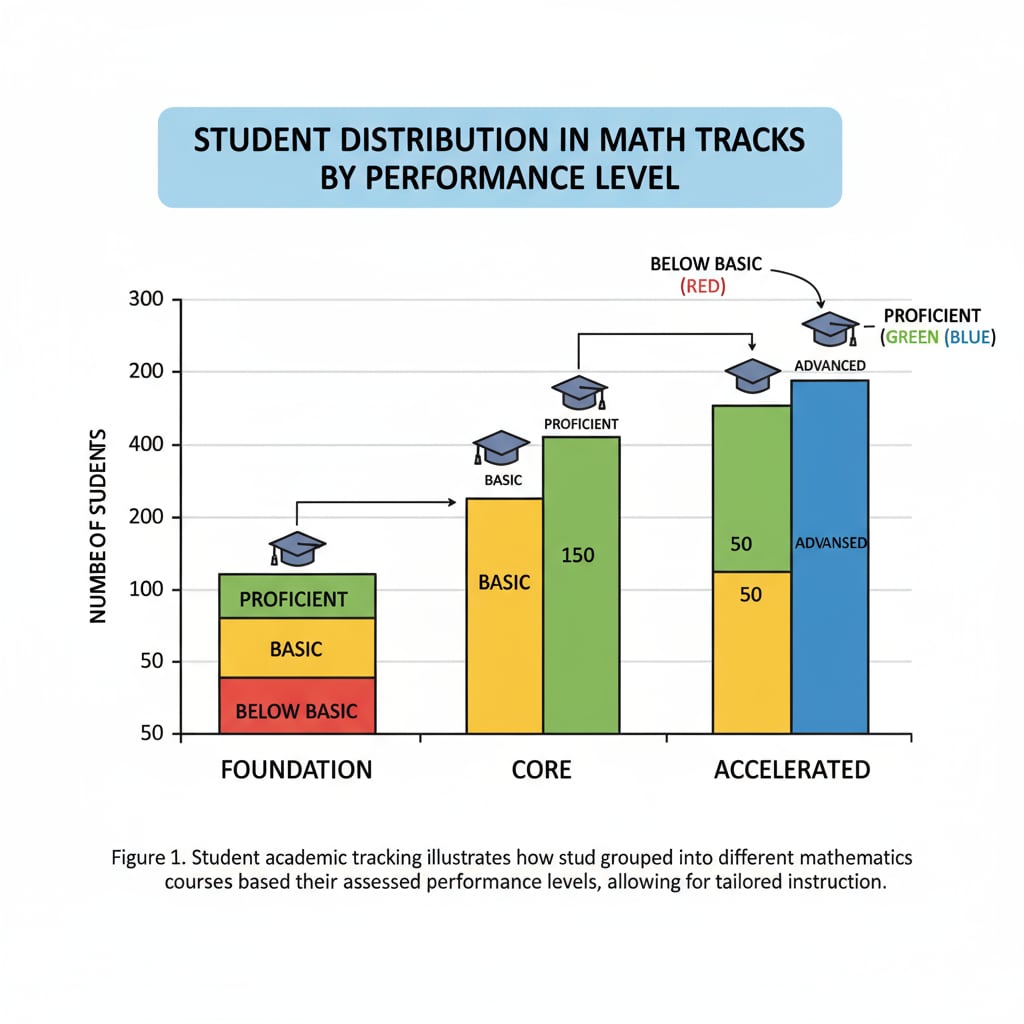 A graph visually represents the distribution of students in different math tracks, showing the number of students in each track based on their performance levels. This helps to illustrate the concept of student tracking in math education. A graph showing the distribution of students in different math tracks based on their performance.