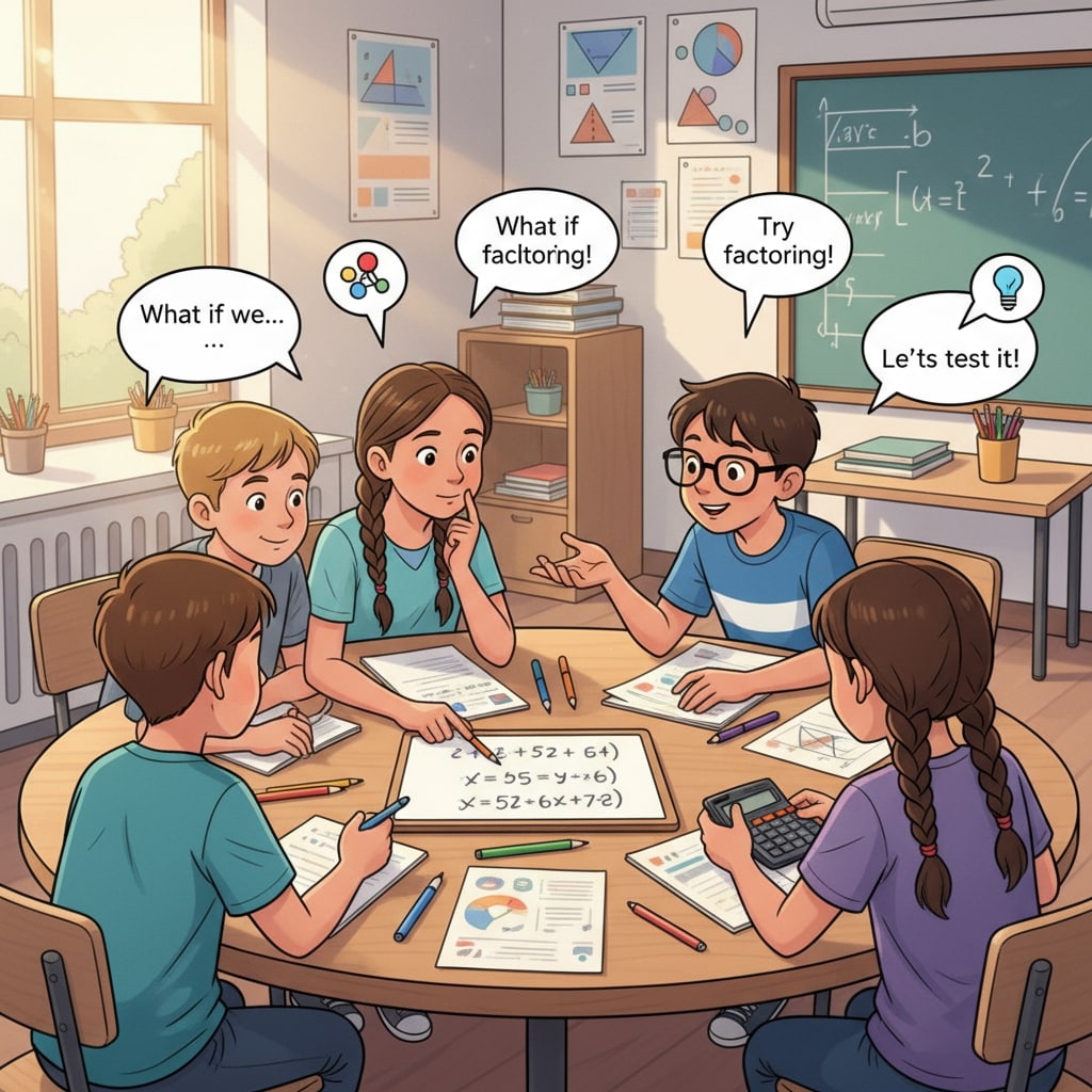 Students in a K12 classroom are gathered around a table, deeply engaged in solving a challenging math problem. They are discussing different approaches and making decisions. K12 students cultivating decision-making skills for a pilot career