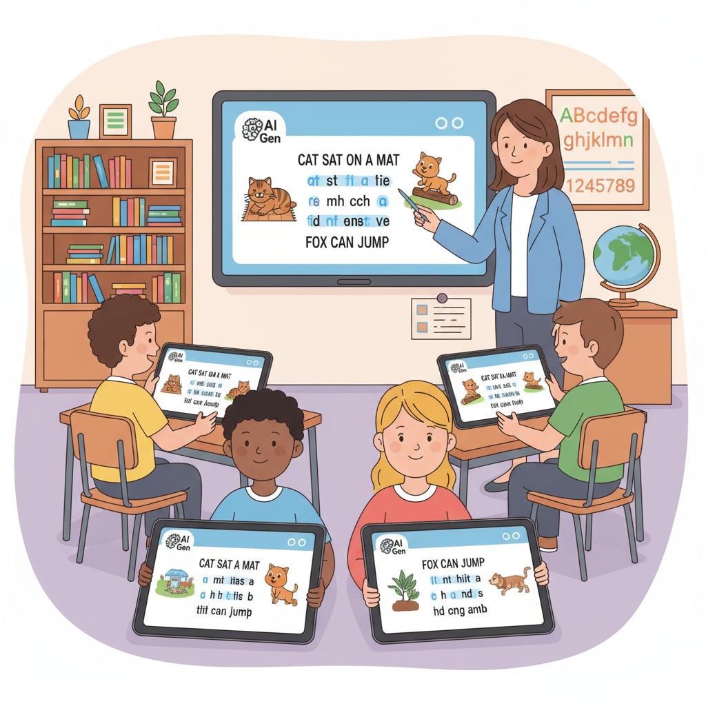 Students are seen using tablets with AI-generated decodable reading materials displayed on the screens. Students using AI-generated decodable reading materials on tablets in an educational setting.