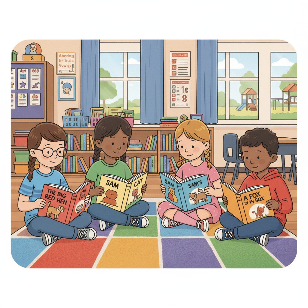 A group of young students sitting together, reading decodable books. Group of students engaged in reading decodable books for educational purposes.