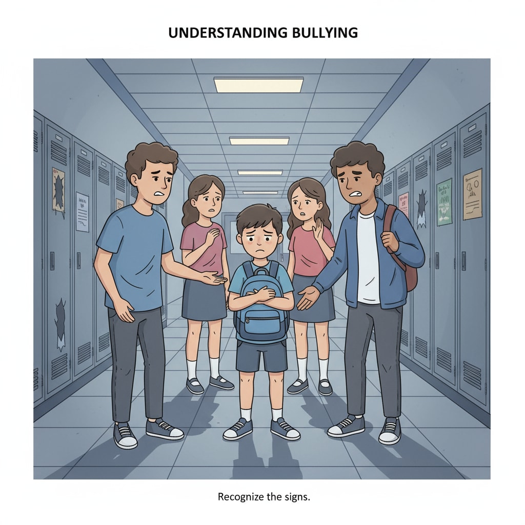 A group of students standing together in a school corridor, looking concerned, representing the potential atmosphere during a bullying situation Students showing concern in a school corridor related to school bullying, highlighting the need for school safety and parent intervention