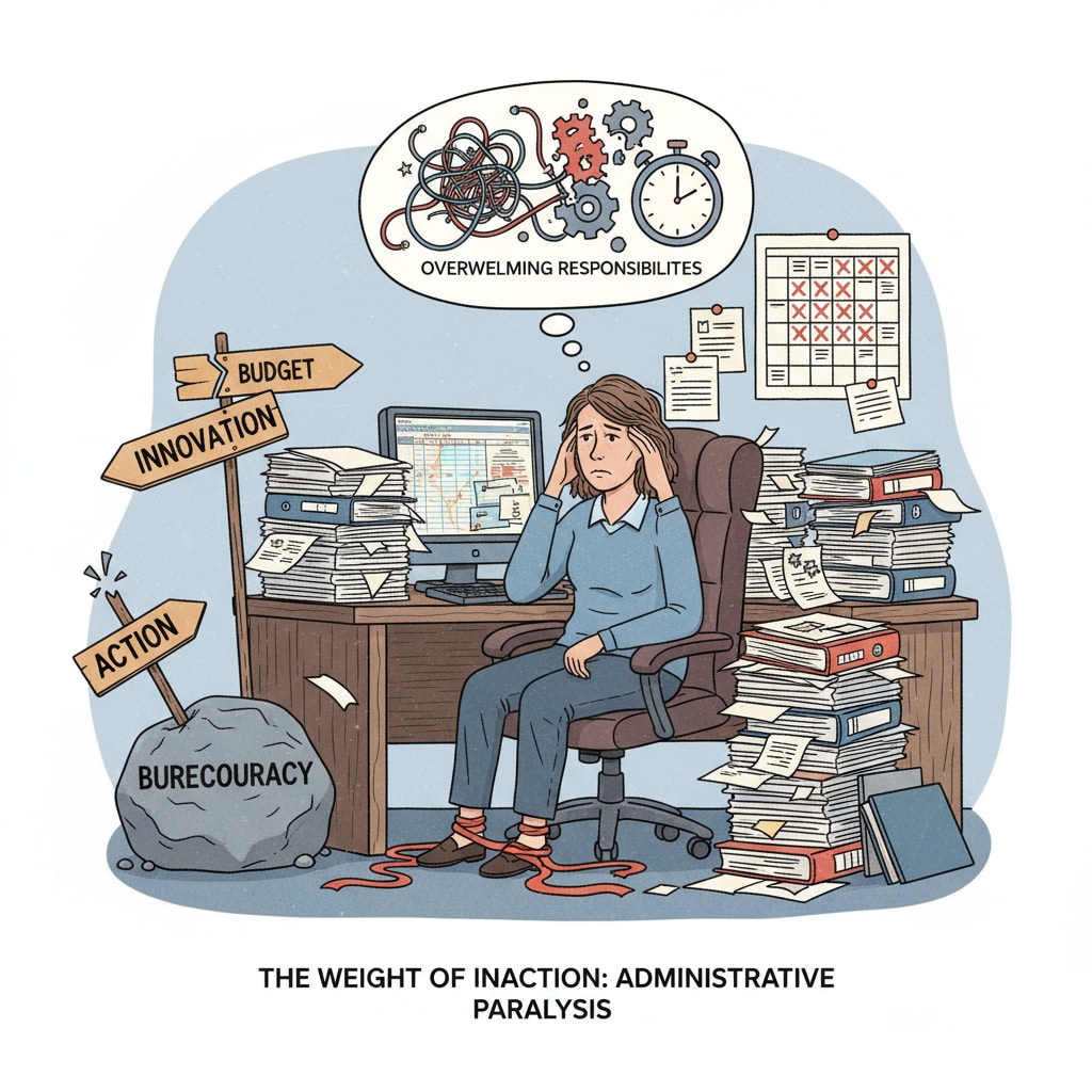 A principal sitting at a desk, looking stressed, symbolizing the pressures that might lead to inaction A stressed principal at a desk, depicting the factors that can contribute to inaction in school bullying cases, relevant to school safety and parent intervention