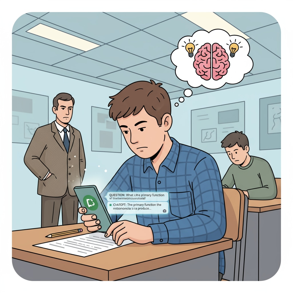 A student is secretly using a mobile device with ChatGPT open during an exam, trying to get answers without being noticed. A student cheating with ChatGPT during an exam