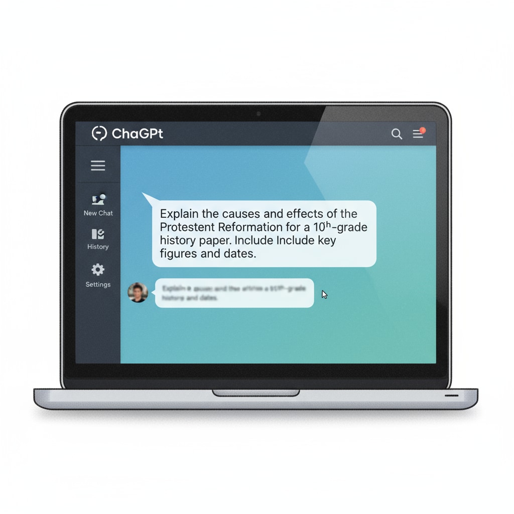 A close-up view of a laptop screen showing the ChatGPT interface, with a query related to an academic assignment visible. ChatGPT interface with an educational query