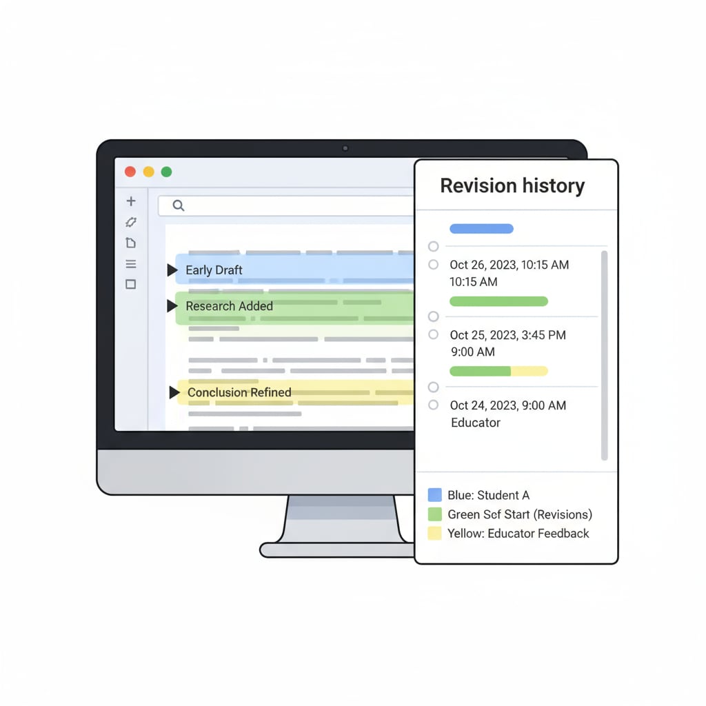 A screenshot of Google Docs showing the revision history feature which helps in tracking students' writing process. The different versions of the document are clearly visible, allowing educators to see how the content has evolved over time. Google Docs revision history for plagiarism detection and student assessment