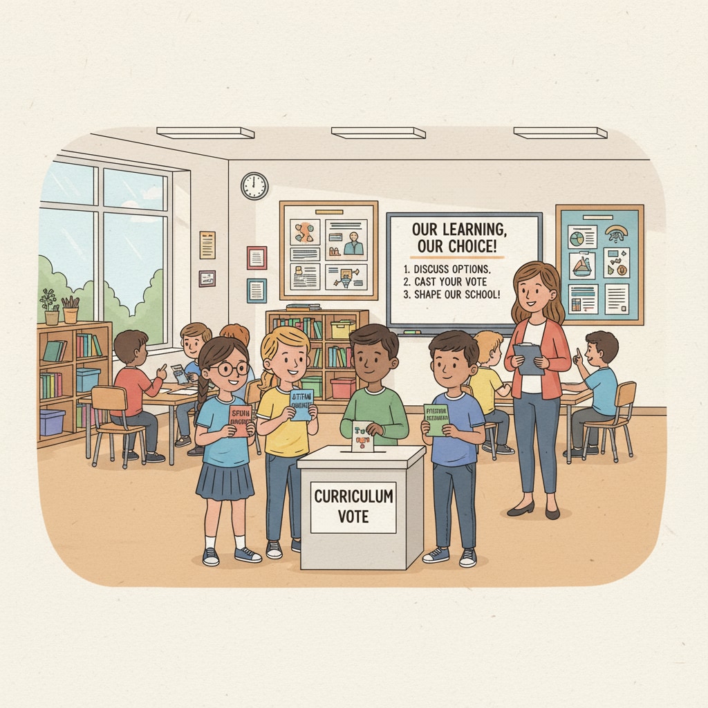 Students participating in a voting process regarding curriculum in a democratic school environment. Students voting on curriculum in a democratic school