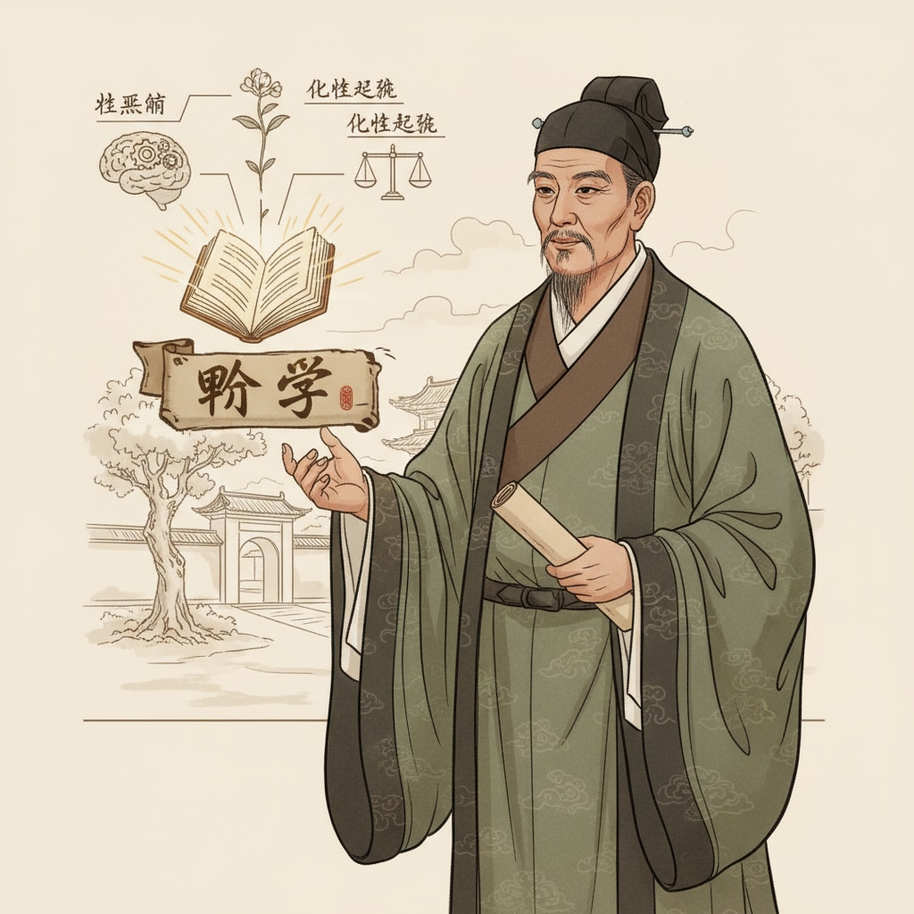 A portrait of Xun Kuang, an ancient Chinese philosopher, symbolizing his important contributions to the field of learning philosophy. Xun Kuang's philosophy on learning, an important part of learning methods, related to Dale's Cone of Experience and practical learning in K12