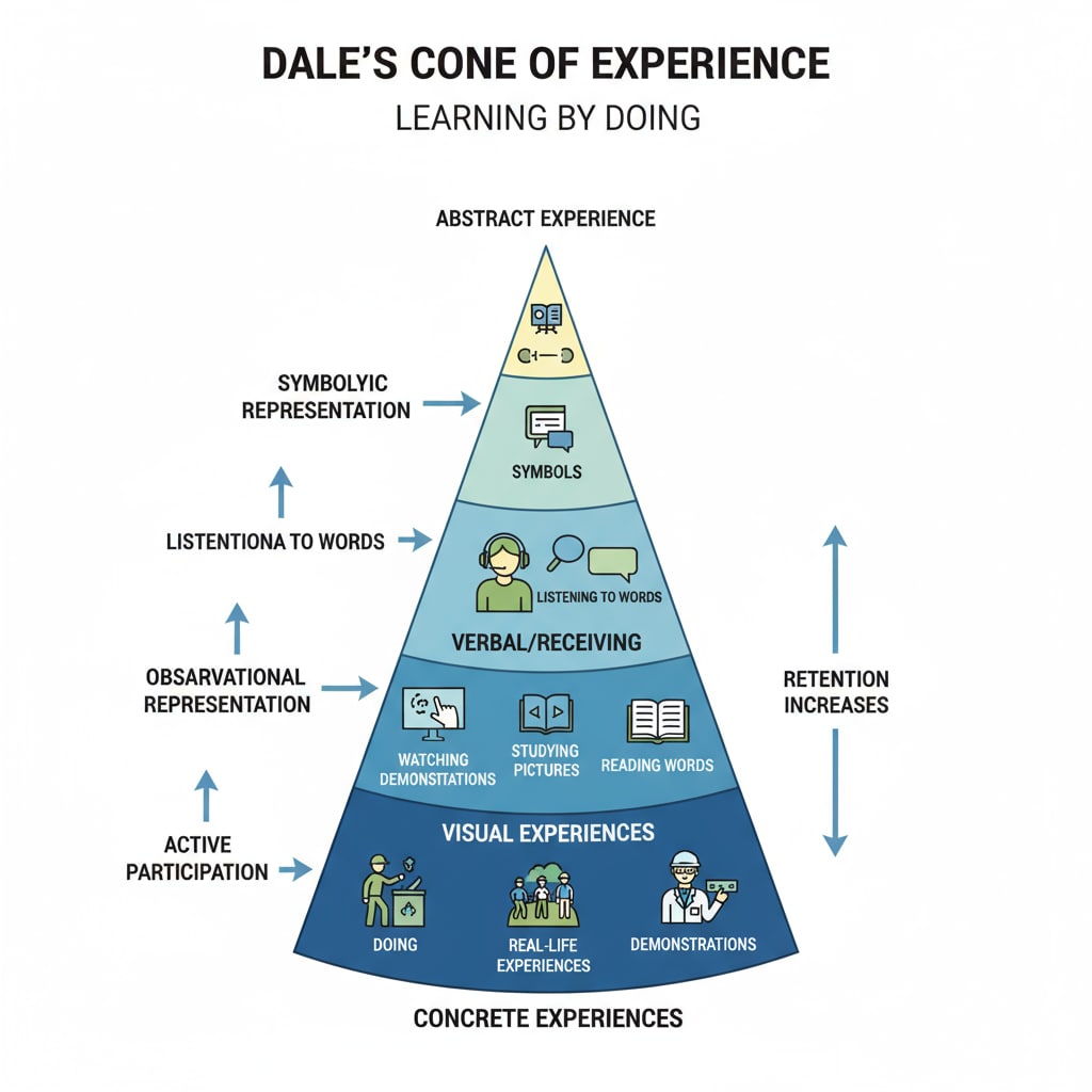 A graphical illustration of Dale's Cone of Experience, depicting various levels of learning experiences from concrete to abstract. Dale's Cone of Experience as a modern theory relevant to learning methods, Xun Kuang's philosophy, and practical learning in K12