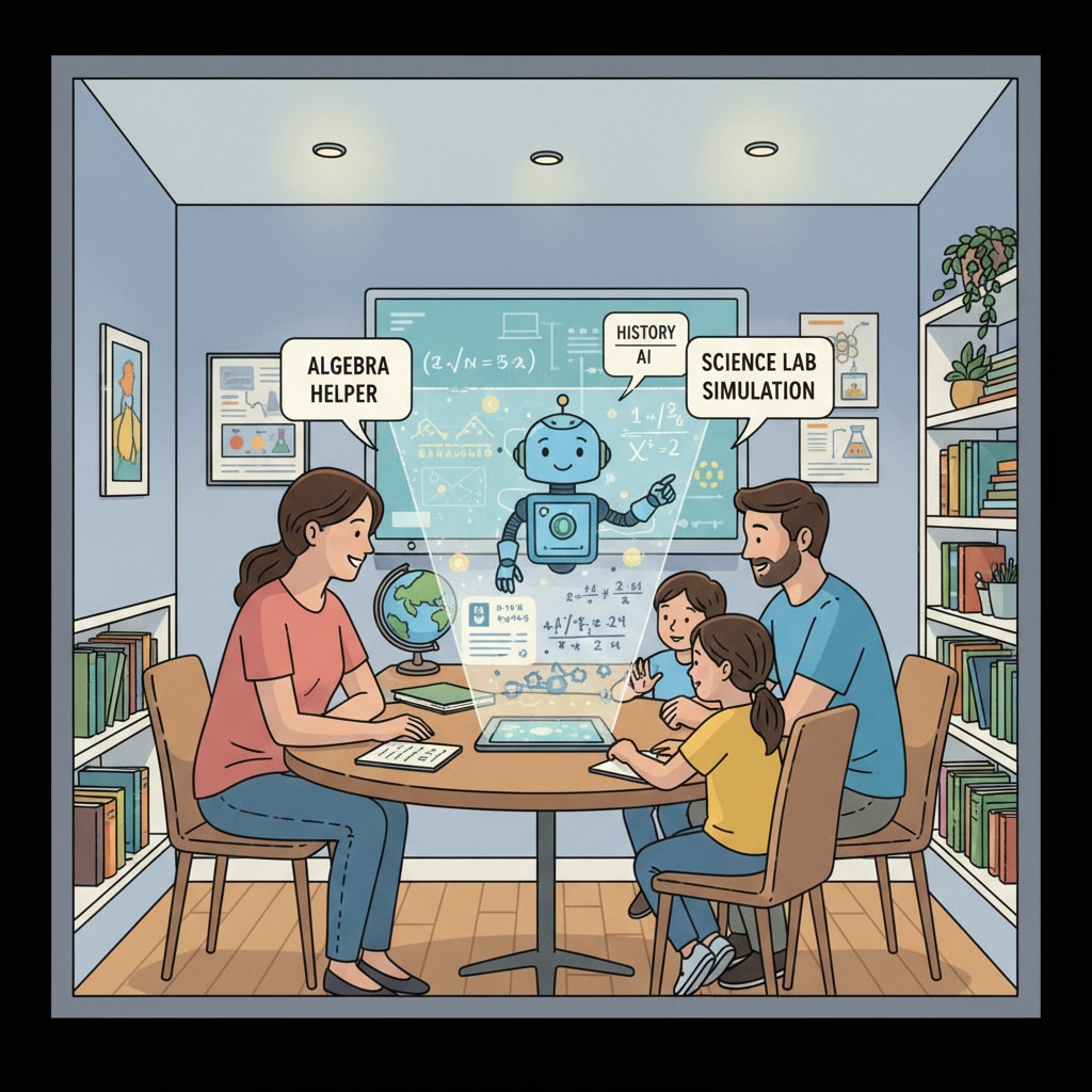 A scene where parents are using AI on a device to assist their children with homework. Parents using AI to help children with homework, highlighting AI cheating and parental intervention in academic integrity.