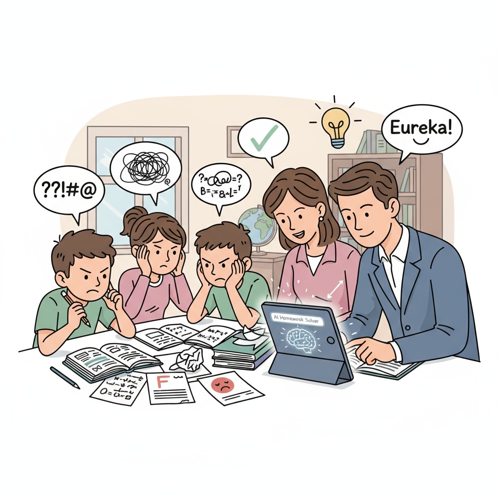 Students looking confused and frustrated with their homework while parents nearby are using AI to find solutions. Students confused about homework while parents use AI, related to AI cheating and academic integrity issues.