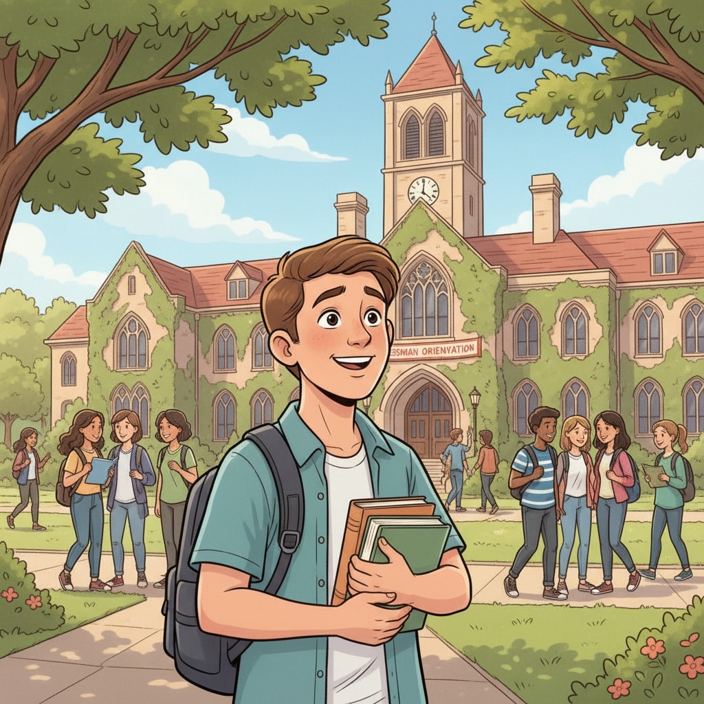 A young student stands in front of a college building, showing a mix of excitement and nervousness as they begin this new educational journey. A homeschooled student about to start college, facing the transition from high school homeschooling to university life.