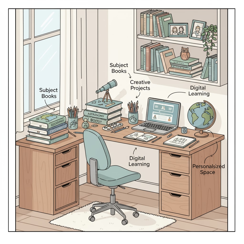 A homeschooling student is sitting at a desk, surrounded by books related to various subjects and art supplies, depicting the personalized learning environment of homeschooling. A homeschooling student engaged in learning, representing the unique environment of high school homeschooling before the transition to college.