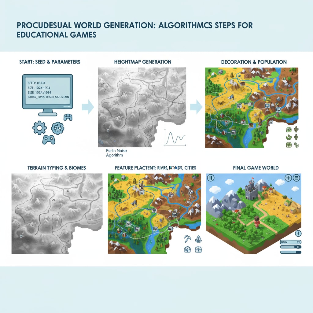 A diagram showing the step - by - step process of how a procedurally generated world is created using algorithms in the context of the educational game. Algorithmic process of generating a procedurally generated world for the math educational game