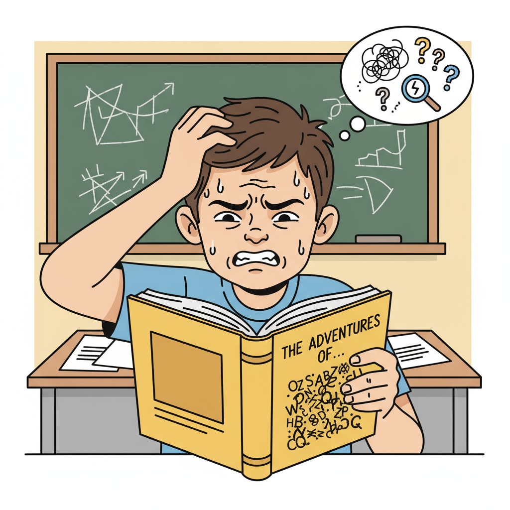 A close-up of a student looking frustrated while trying to read a book, highlighting the challenges of learning difficulties Frustrated student reading a book, showing learning difficulties relevant to PBS series, struggling students, and education courses