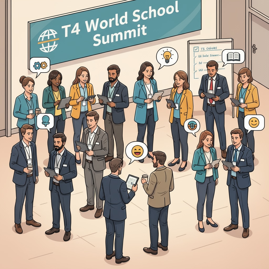 A group of educators networking at the T4 World School Summit, exchanging ideas and making connections. Educators networking at the T4 World School Summit for educational nonprofits and donor relations