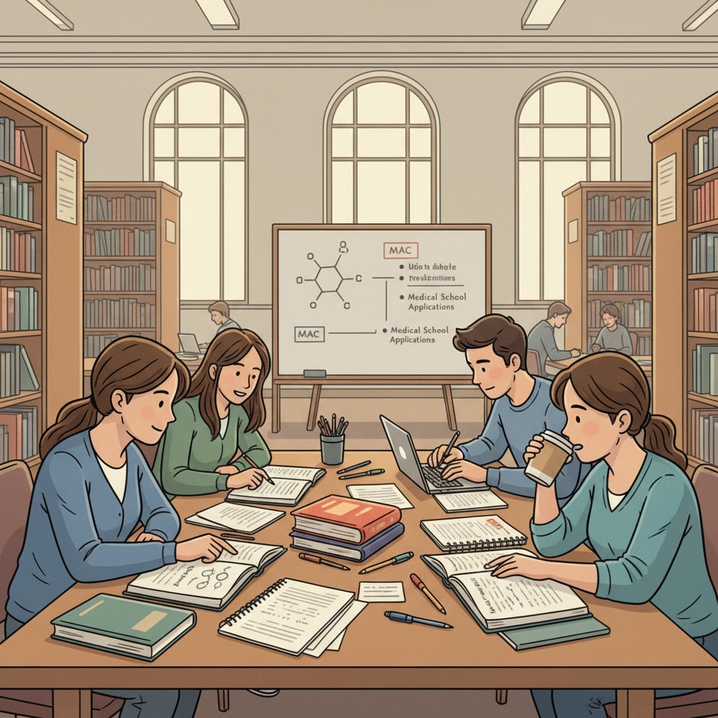 A group of pre-med students are studying together in a library. They have books and notebooks open, and they seem determined and focused on their studies. This represents the collective effort of pre-med students to prepare for medical school entrance exams. Pre-med students studying in a library to overcome knowledge gaps and improve learning efficiency for medical school entrance exams