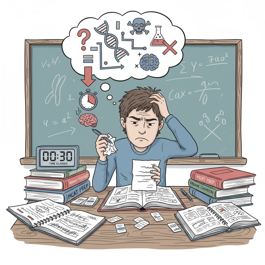 A student is sitting at a desk with open books and notes. The student has a frustrated expression, indicating the struggle with knowledge gaps and the impact on learning efficiency while preparing for medical school entrance exams. A frustrated student dealing with knowledge gaps and learning efficiency issues during medical school entrance exam preparation