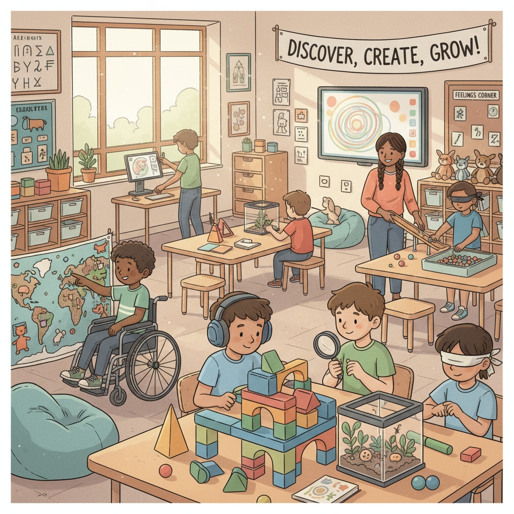 A group of children with diverse learning styles engaging in hands-on activities in a non-traditional classroom setting. This shows the alternative learning environment for kids who may have difficulties in traditional schools. Children with learning differences participating in alternative education activities