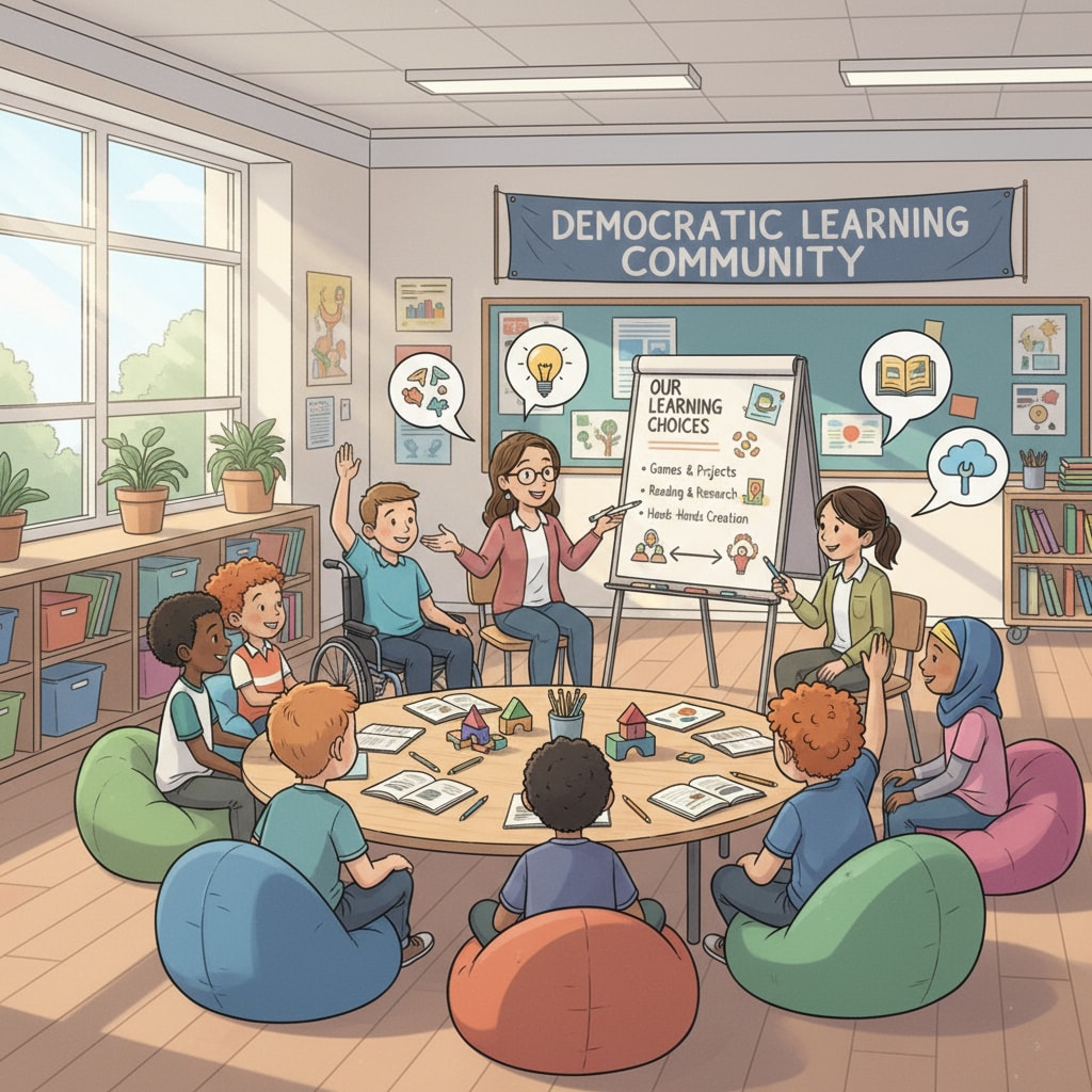 Children in a democratic school participating in a group discussion about what they want to learn. This depicts the democratic nature of alternative education where students have a voice. Students in a democratic alternative education setting discussing their learning preferences