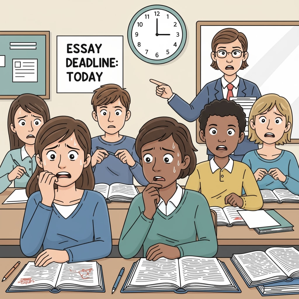 A classroom scene shows students with worried expressions during an English class, indicating the pressure they are under. Students under pressure in a Grade 9 English class with strict teacher and increased homework