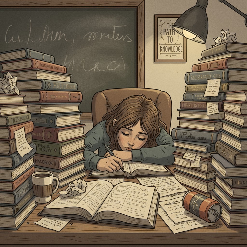 A student is sitting at a desk, surrounded by piles of English books and papers, looking tired, representing the burden of increased homework. A tired student dealing with the heavy load of Grade 9 English homework