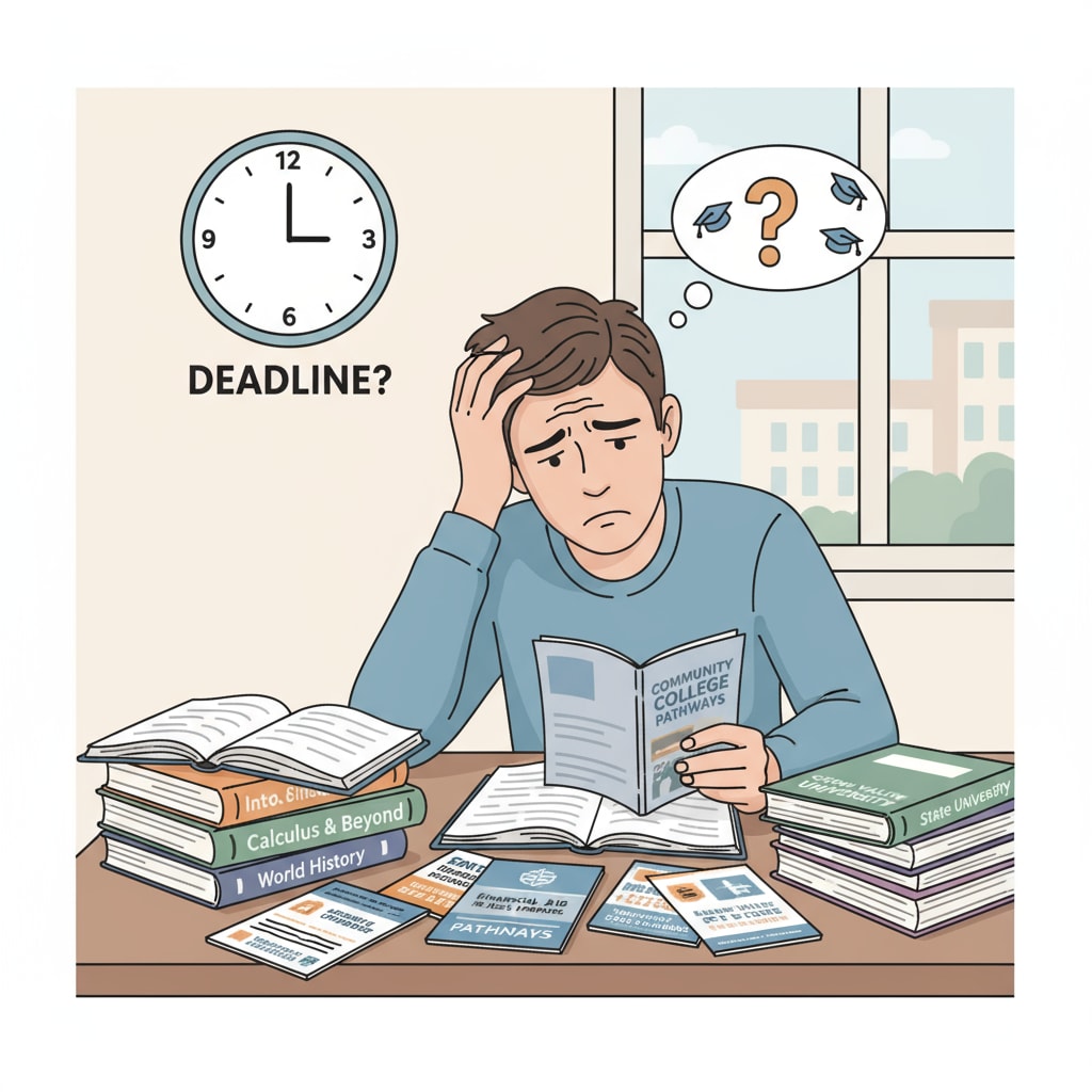 A young adult sitting at a desk, looking a bit worried, with books and college brochures around, depicting the initial concerns of late college entrants. A worried young adult facing the challenges of late college enrollment