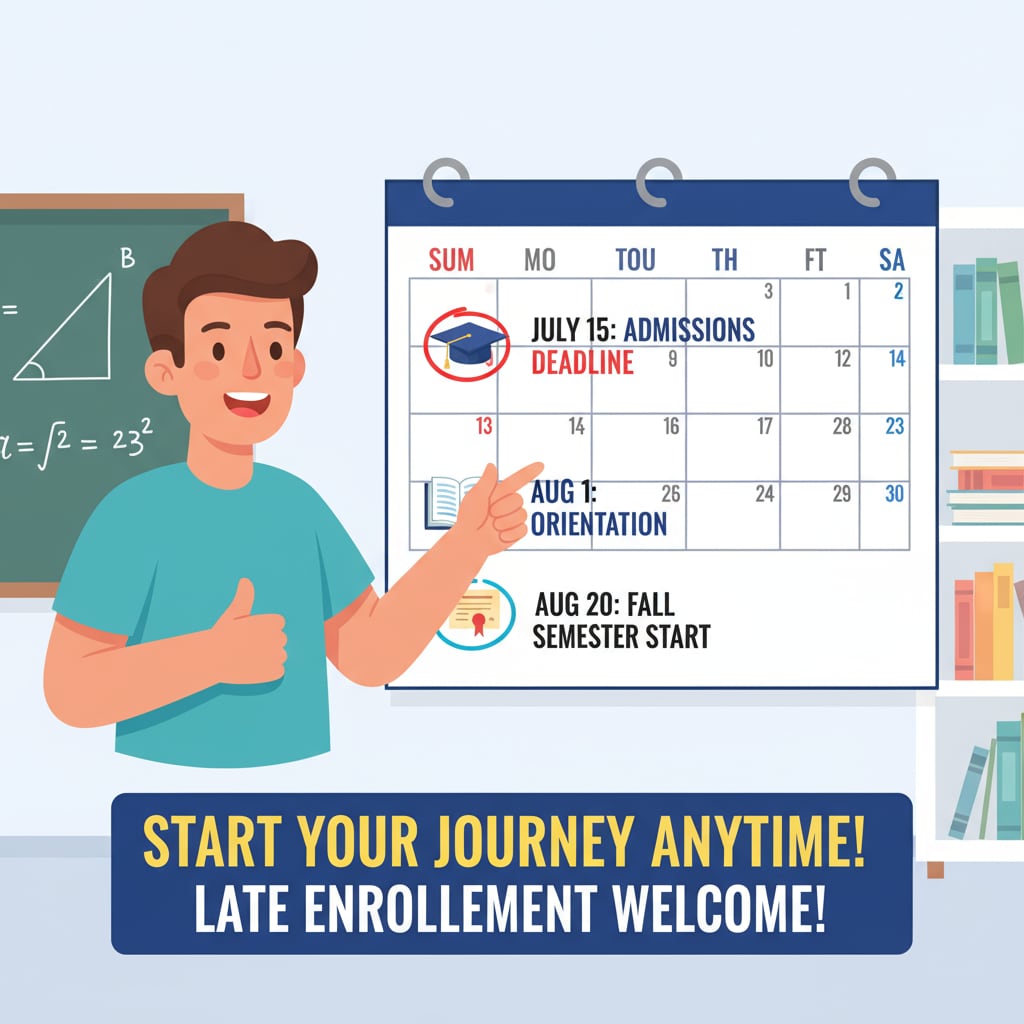 A person smiling, looking at a calendar with important college events marked, showing a positive attitude towards late college enrollment. A positive individual embracing late college enrollment