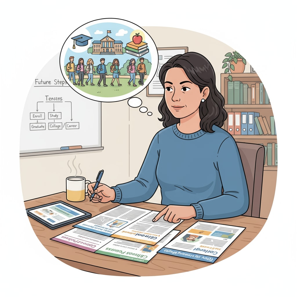 An illustration showing an adult learner sitting at a desk, looking at brochures about adult high school diploma and GED options, with a thought bubble containing college-related images. Adult learner considering educational options for college application