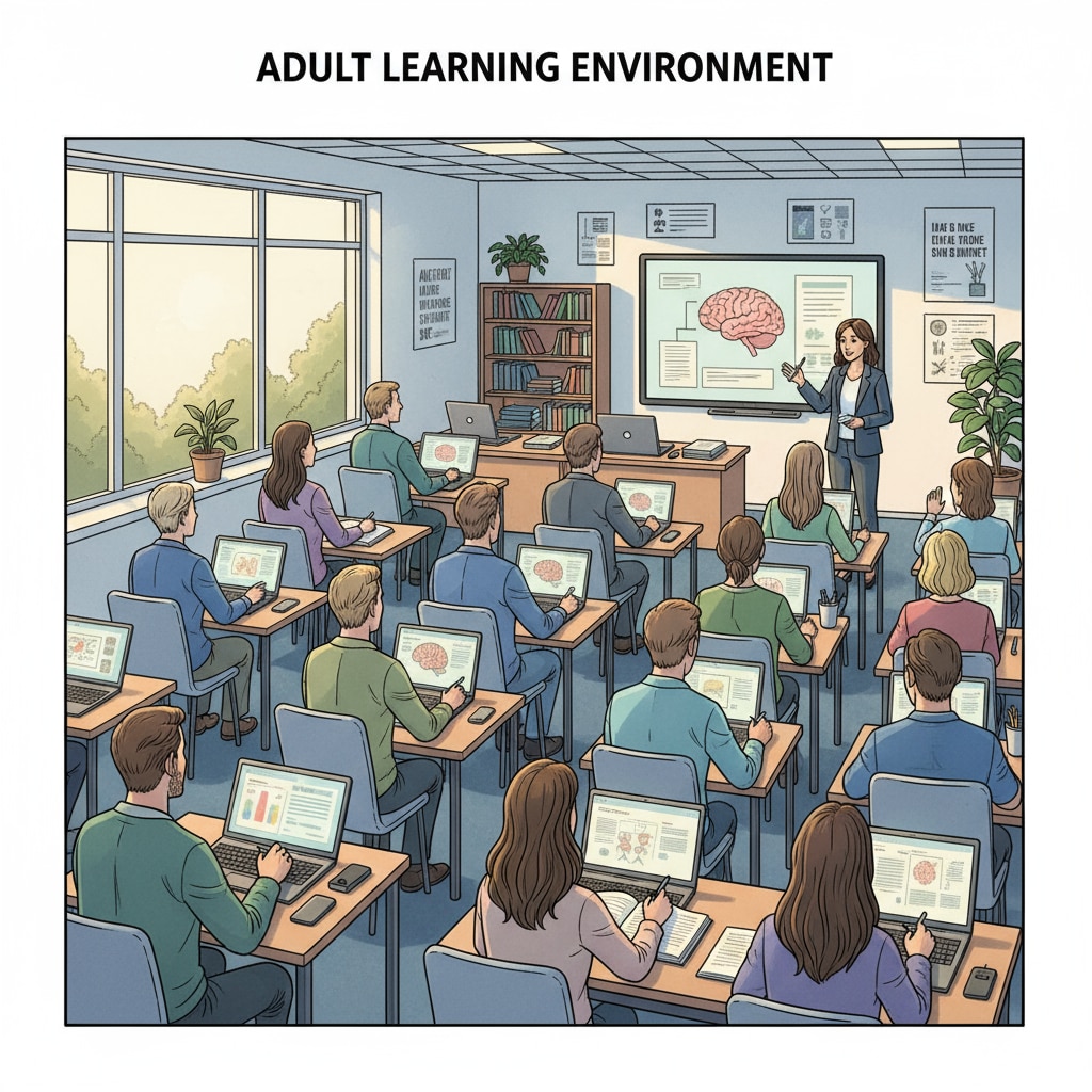 A photo of a classroom filled with adult students, listening to a teacher and taking notes, with textbooks and laptops on their desks. Adult students in an adult high school classroom for college preparation