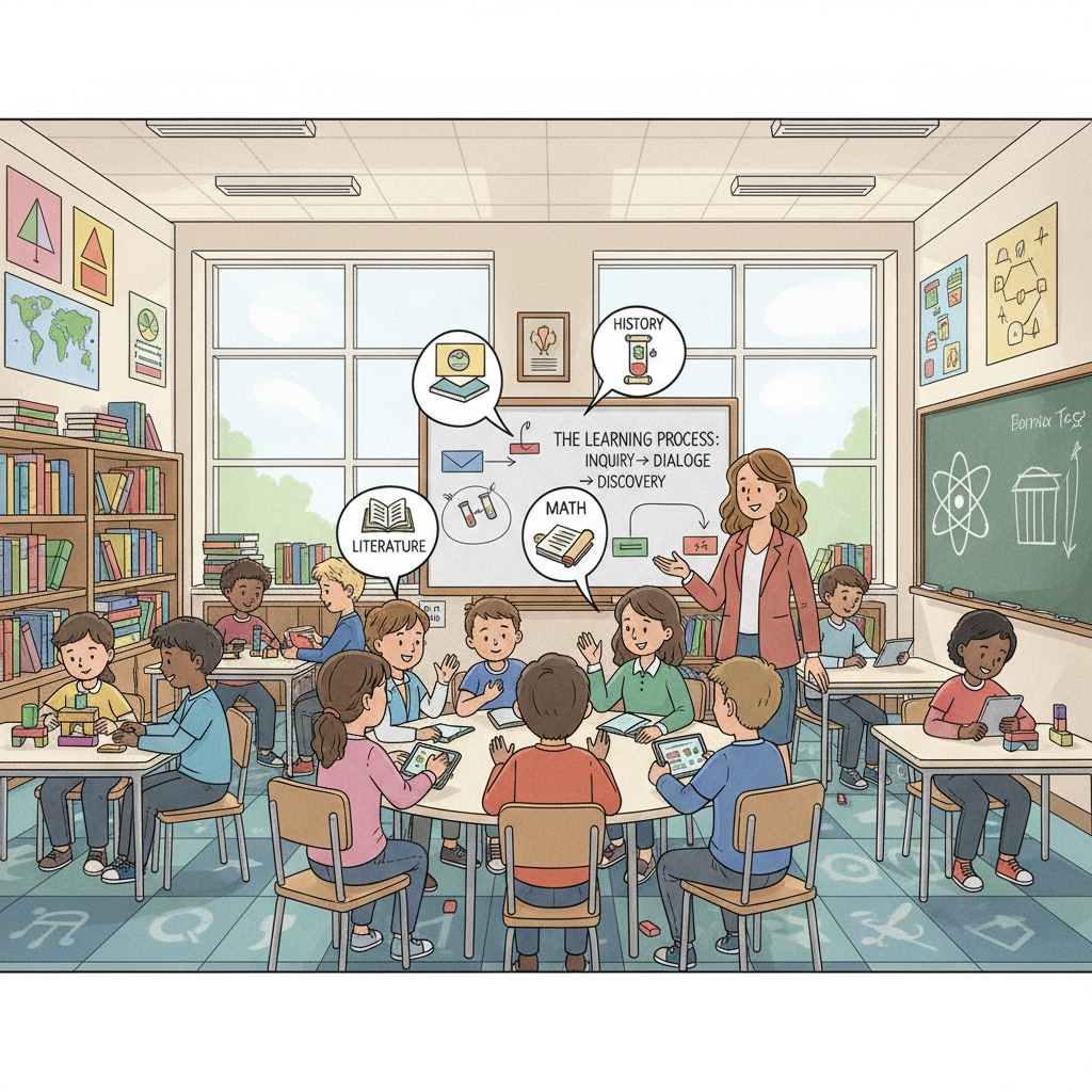 A classroom scene where students are engaged in a lively discussion about various educational topics, showing the interaction and exploration in the learning process. Classroom discussion related to educational gap, basic knowledge, and school curriculum