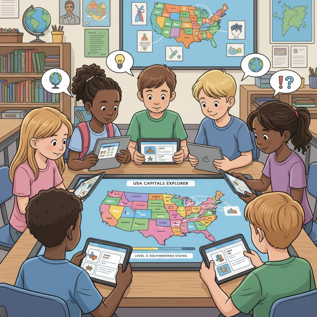 Students are gathered around tablets, actively using an American state capitals learning app. They are interacting with the digital maps and engaging in various learning activities. Students using an American state capitals learning app for educational feedback and enhanced geographic learning