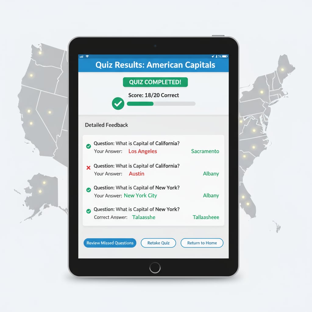 A screenshot of an American state capitals learning app where a quiz has been completed, and detailed feedback is being shown to the student. Screenshot of an American state capitals learning app providing educational feedback for better geographic learning
