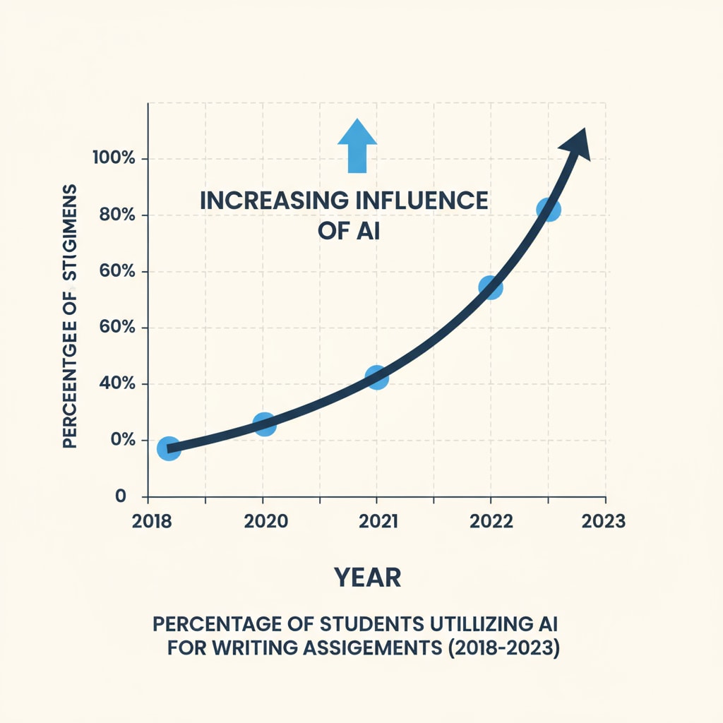 A graph displays the upward trend in the percentage of students using AI for writing assignments over a period of several years. The x-axis represents the years, and the y-axis represents the percentage of students. This visualizes the growing influence of AI in student writing. Graph showing the increasing use of AI in student writing over the years, highlighting the impact on academic integrity and writing education