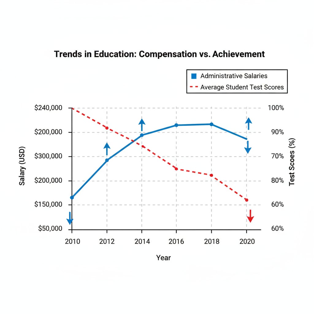 A graph depicting the upward trend of administrative salaries over several years while simultaneously showing a downward trend in average student test scores. Graph showing the relationship between increasing administrative salaries and decreasing student test scores related to education administration, salary allocation, and student performance
