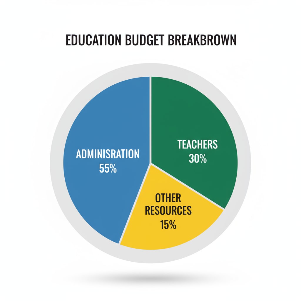 A pie chart presenting the percentage breakdown of the education budget, highlighting the large portion dedicated to administration, a smaller portion for teachers, and the remainder for other resources. Pie chart showing education budget allocation related to education administration, salary allocation, and student performance