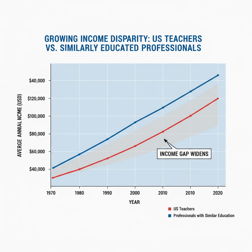 A graph depicting the trend of the income gap between US teachers and professionals with similar education levels over the years, showing a steady increase in the gap. Income gap trend between US teachers and similar educated professionals